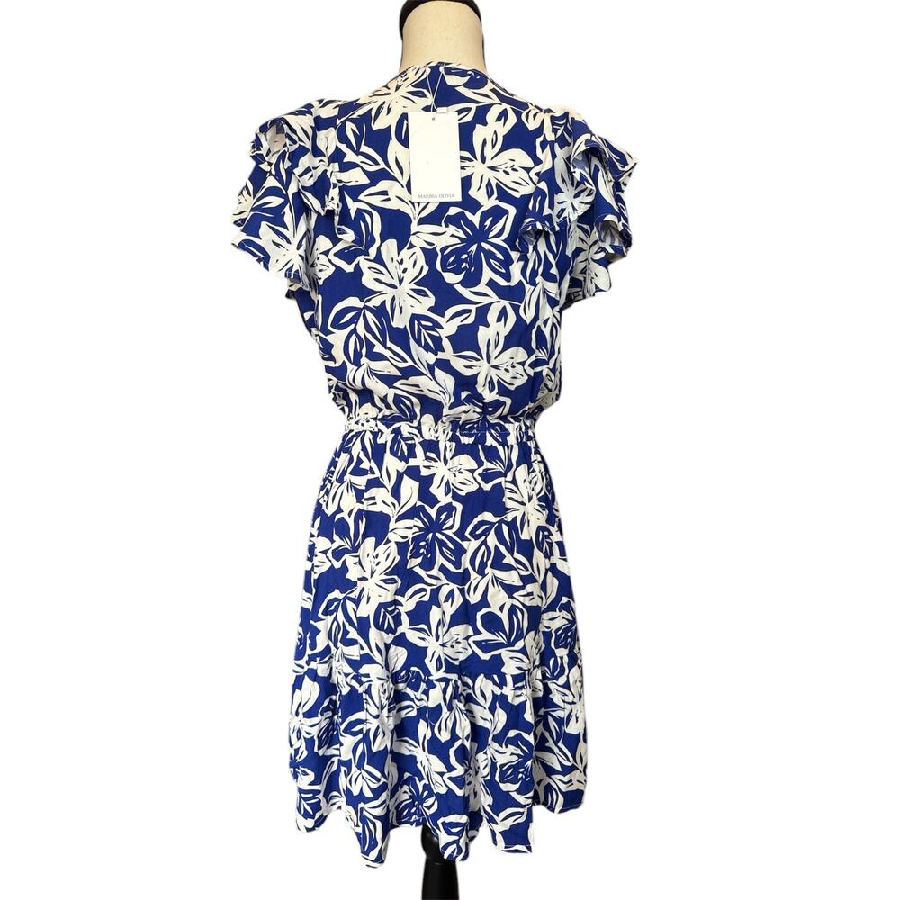 Marissa Olivia Blue/White Womens S Dress Floral Ruffle Sleeve Elastic Waist Midi - Picture 2 of 8